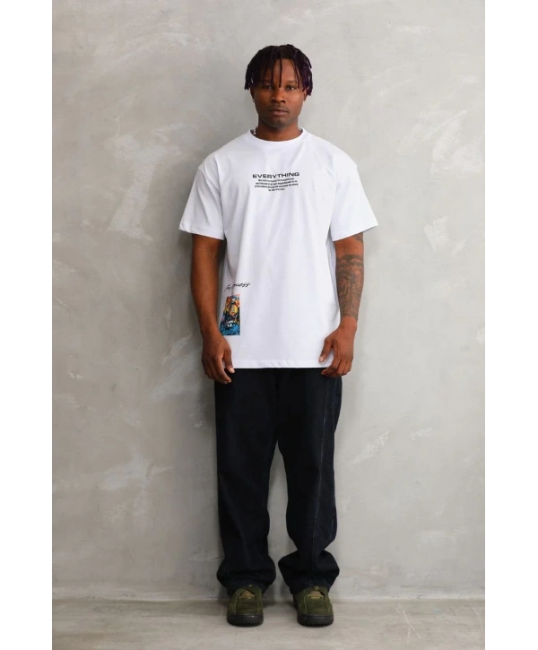 Erkek Bisiklet Yaka Baskılı Oversize T-Shirt - Beyaz