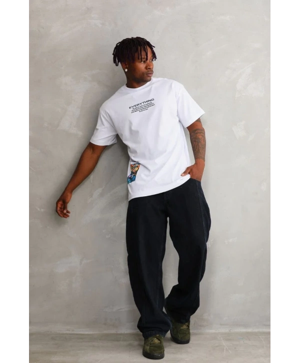 Erkek Bisiklet Yaka Baskılı Oversize T-Shirt - Beyaz