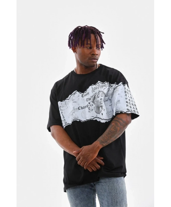 Erkek  Bisiklet Yaka Baskılı Oversize T-Shirt - Siyah