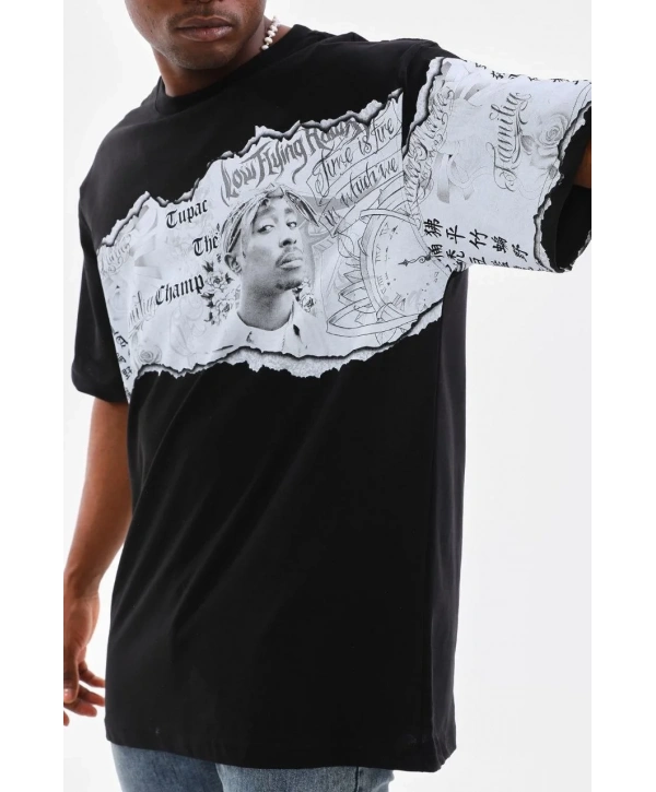 Erkek  Bisiklet Yaka Baskılı Oversize T-Shirt - Siyah