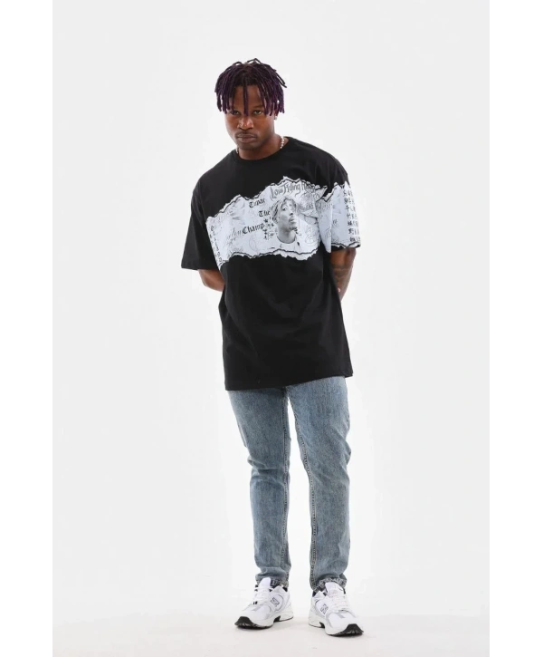 Erkek  Bisiklet Yaka Baskılı Oversize T-Shirt - Siyah