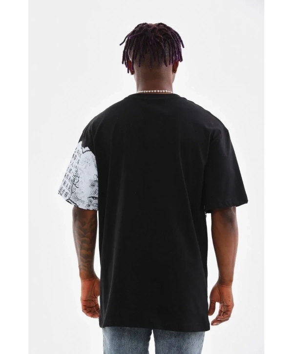 Erkek  Bisiklet Yaka Baskılı Oversize T-Shirt - Siyah