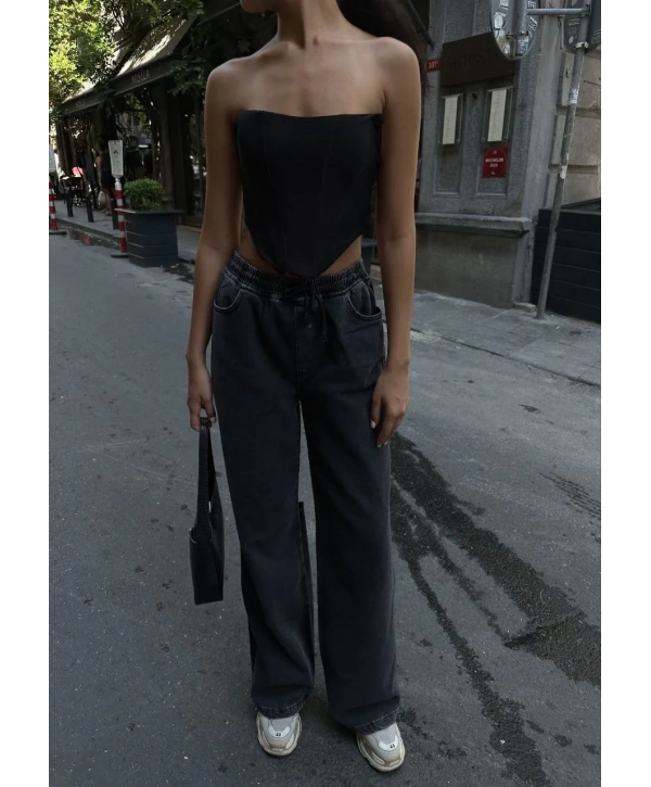 Kadın Arkadan Yırtmaçlı Jeans Kot Palazzo Pantolon - Siyah
