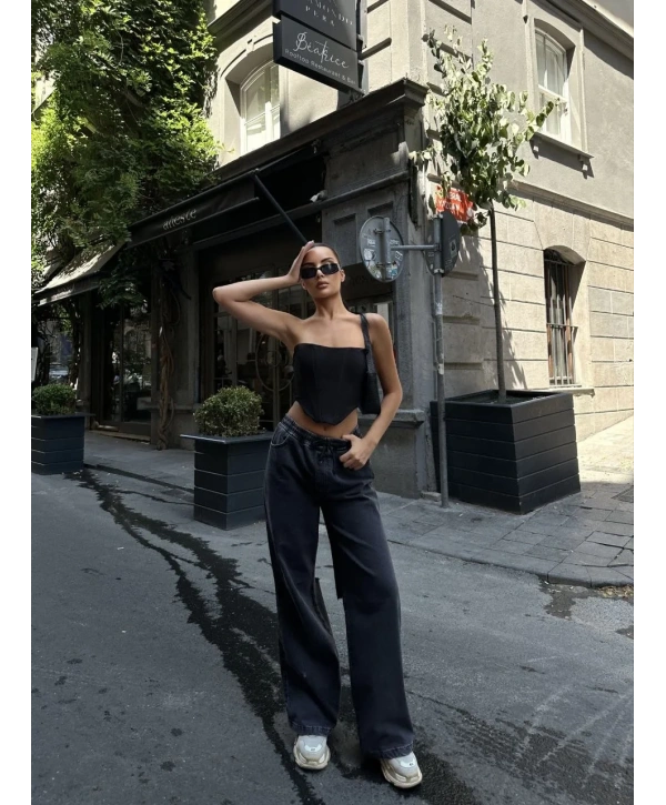 Kadın Arkadan Yırtmaçlı Jeans Kot Palazzo Pantolon - Siyah