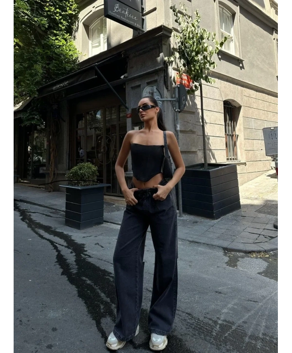 Kadın Arkadan Yırtmaçlı Jeans Kot Palazzo Pantolon - Siyah