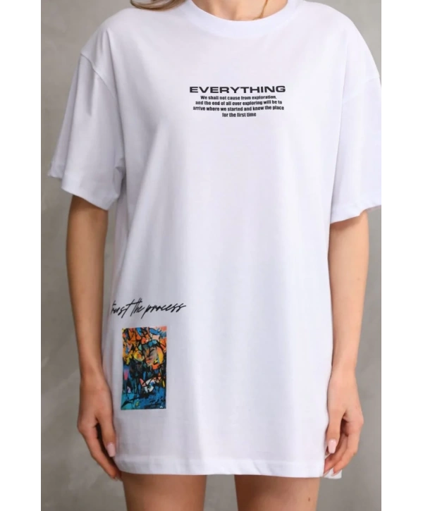 kadın Bisiklet Yaka Baskılı Oversize T-Shirt - Beyaz
