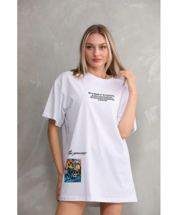 kadın Bisiklet Yaka Baskılı Oversize T-Shirt - Beyaz