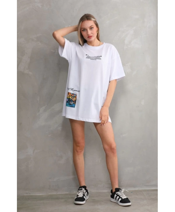 kadın Bisiklet Yaka Baskılı Oversize T-Shirt - Beyaz