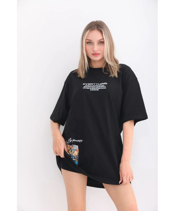 kadın  Bisiklet Yaka Baskılı Oversize T-Shirt - Siyah