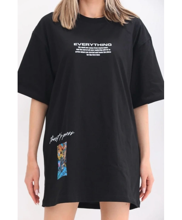 kadın  Bisiklet Yaka Baskılı Oversize T-Shirt - Siyah