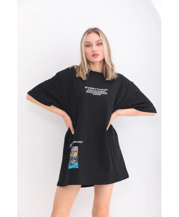 kadın  Bisiklet Yaka Baskılı Oversize T-Shirt - Siyah