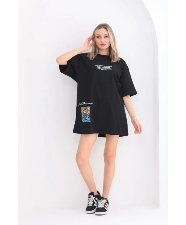 kadın  Bisiklet Yaka Baskılı Oversize T-Shirt - Siyah