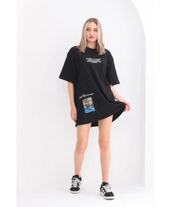 kadın  Bisiklet Yaka Baskılı Oversize T-Shirt - Siyah