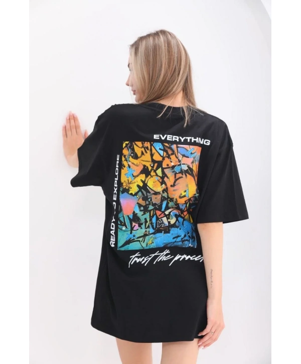 kadın  Bisiklet Yaka Baskılı Oversize T-Shirt - Siyah