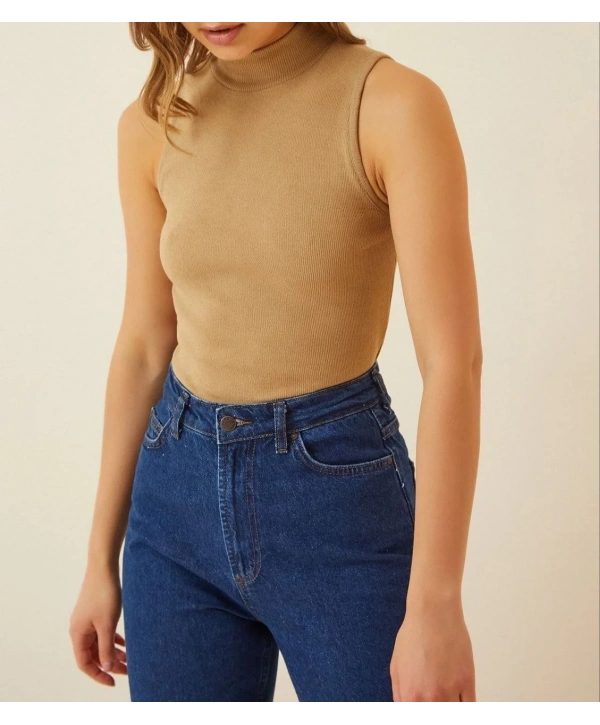 Kadın Full Likralı Fitilli Kaşkorse Body - Camel
