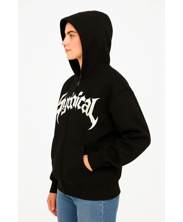 Kadın Kapüşonlu 3 İplik Şardonlu Önü Baskılı Fermuarlı Oversize Sweatshirt - Siyah