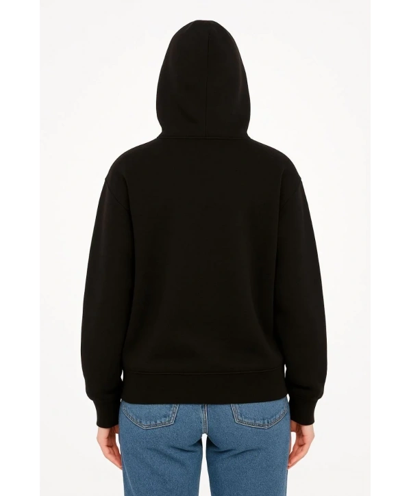 Kadın Kapüşonlu 3 İplik Şardonlu Önü Baskılı Fermuarlı Oversize Sweatshirt - Siyah