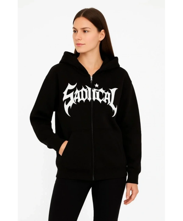 Kadın Kapüşonlu 3 İplik Şardonlu Önü Baskılı Fermuarlı Oversize Sweatshirt - Siyah