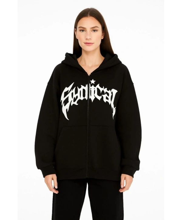 Kadın Kapüşonlu 3 İplik Şardonlu Önü Baskılı Fermuarlı Oversize Sweatshirt - Siyah