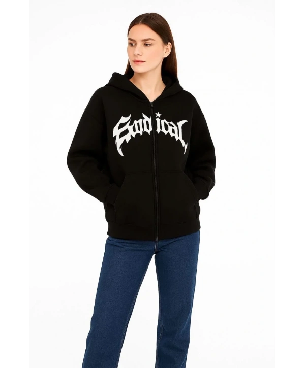 Kadın Kapüşonlu 3 İplik Şardonlu Önü Baskılı Fermuarlı Oversize Sweatshirt - Siyah