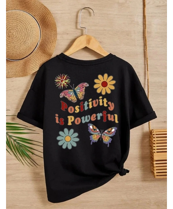 Kız Çocuk Bisiklet Yaka Baskılı T-Shirt - Siyah