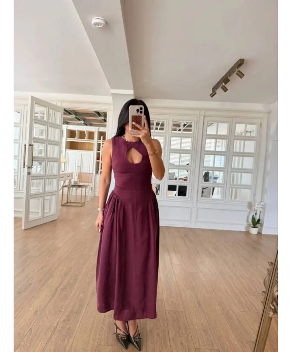 Kolsuz Uzun Kabardin Elbise - Bordo