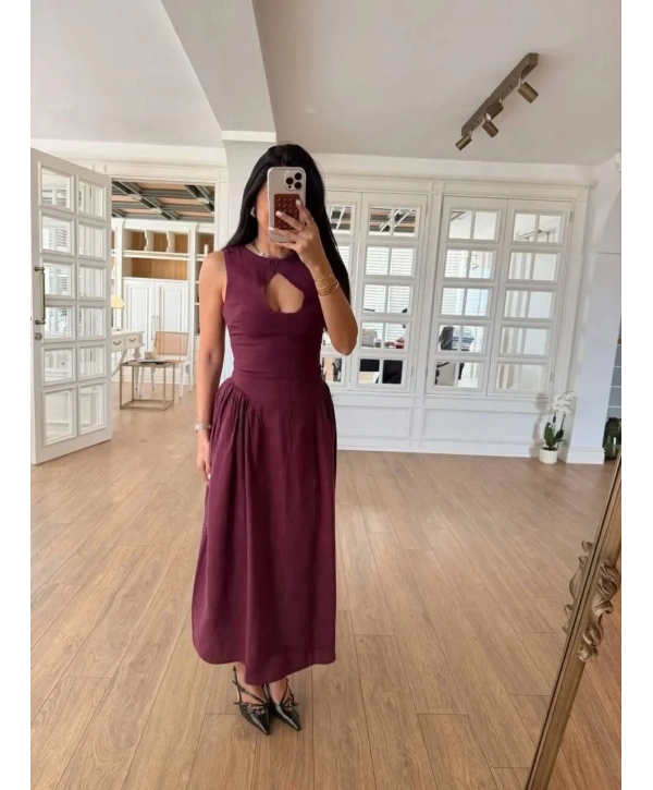 Kolsuz Uzun Kabardin Elbise - Bordo