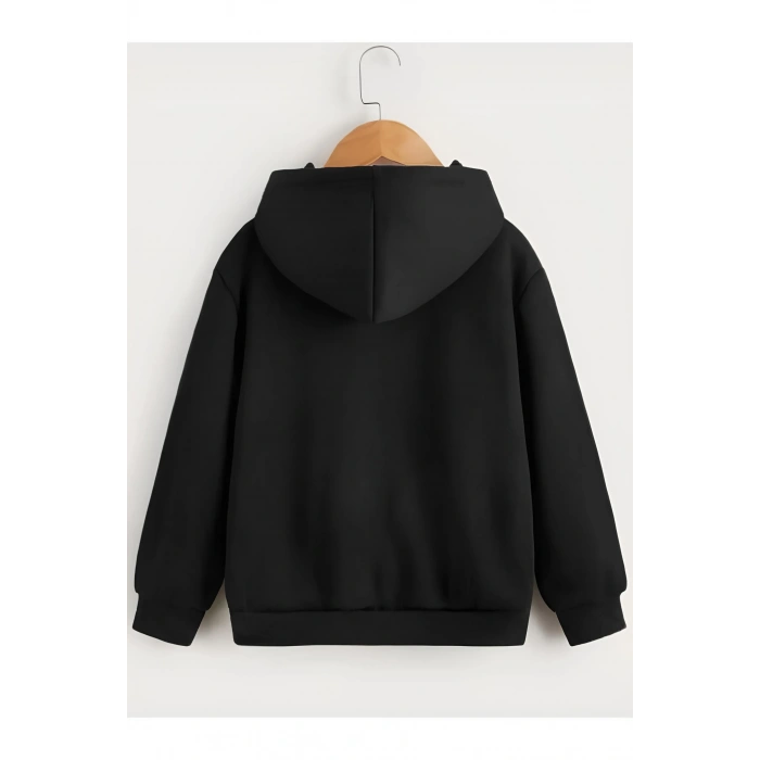 Çocuk Unisex Kapüşonlu Çizgi Kalp Baskılı Sweatshirt - Siyah