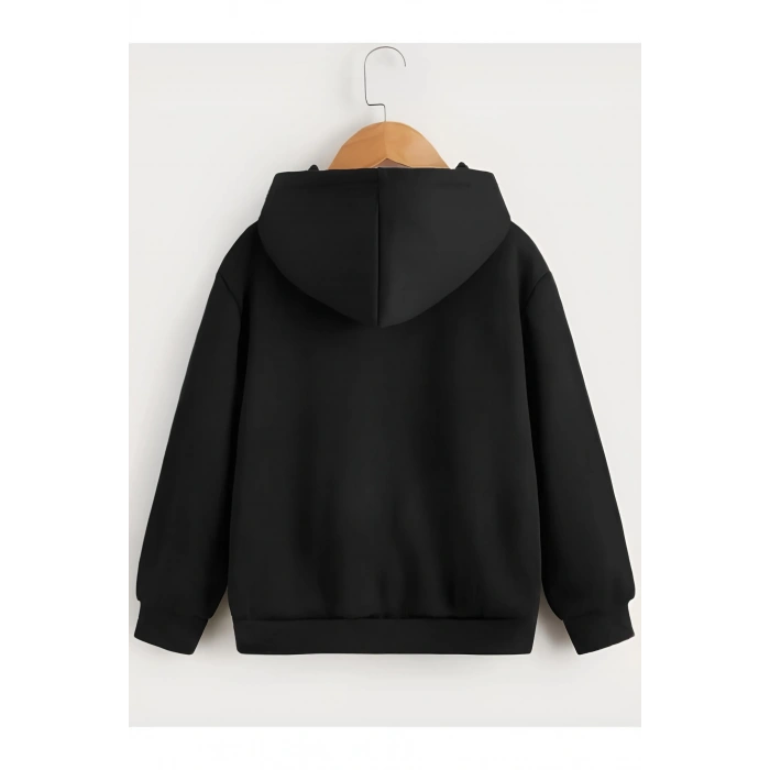 Çocuk Unisex Kapüşonlu Tatlı Kedi Baskılı Sweatshirt - Siyah