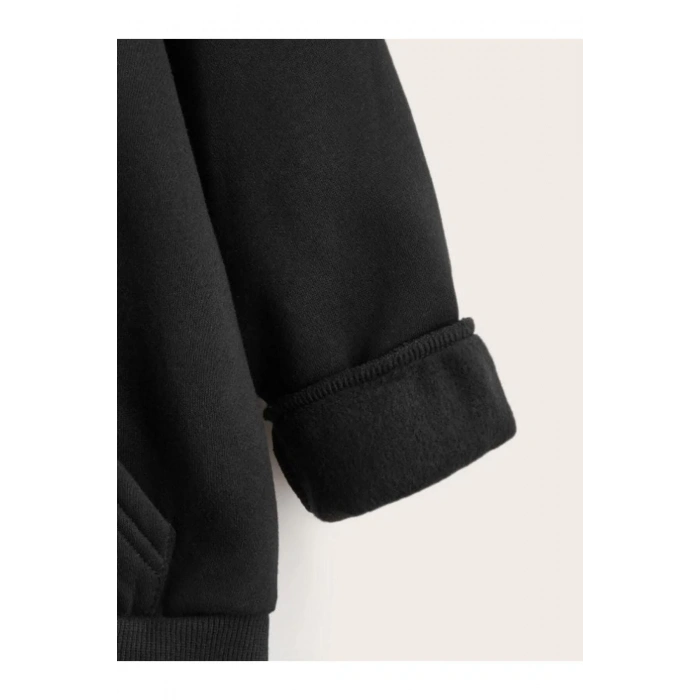 Çocuk Unisex Kapüşonlu Tatlı Kedi Baskılı Sweatshirt - Siyah