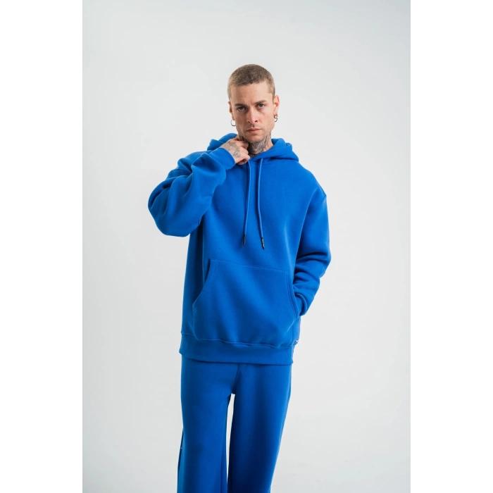 ERKEK 3 İplik Oversize Kapşonlu Basic SweatShirt Hoodie - Mavi
