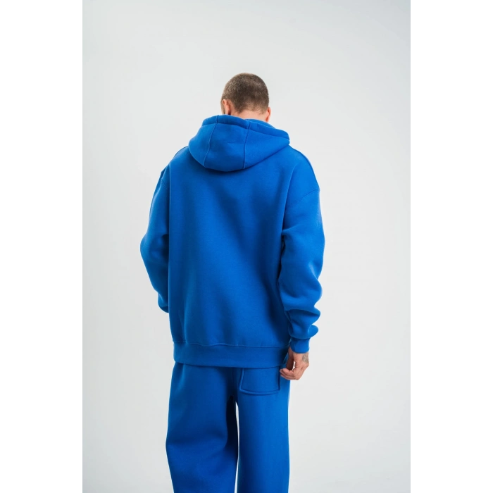 ERKEK 3 İplik Oversize Kapşonlu Basic SweatShirt Hoodie - Mavi