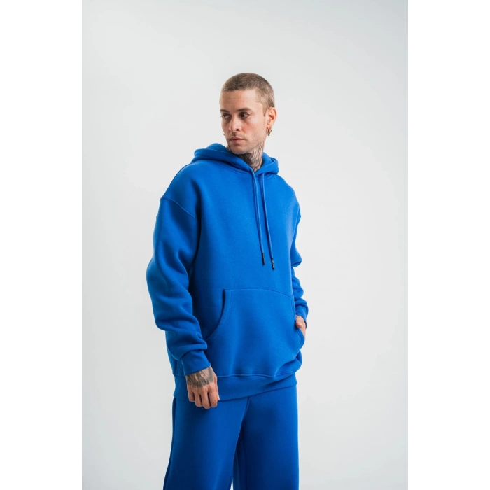 ERKEK 3 İplik Oversize Kapşonlu Basic SweatShirt Hoodie - Mavi