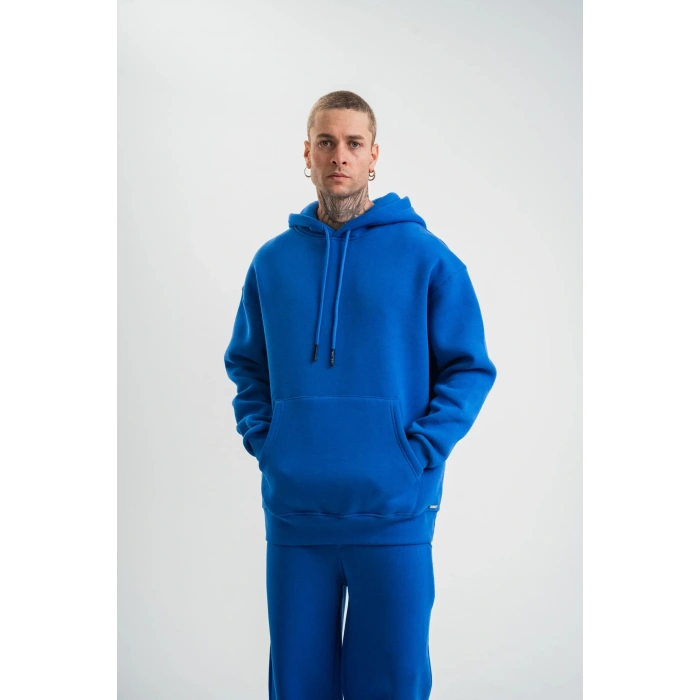ERKEK 3 İplik Oversize Kapşonlu Basic SweatShirt Hoodie - Mavi