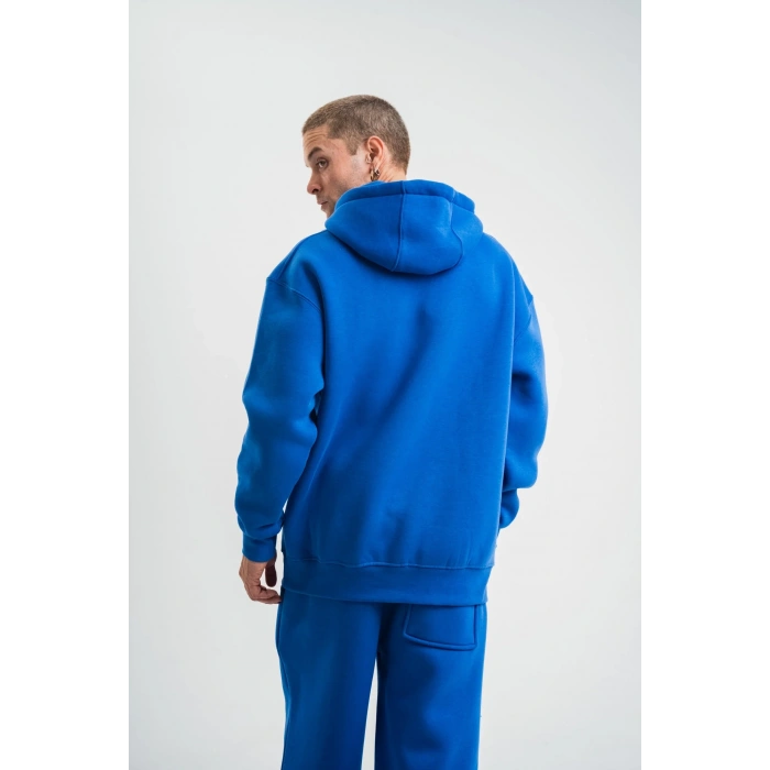 ERKEK 3 İplik Oversize Kapşonlu Basic SweatShirt Hoodie - Mavi