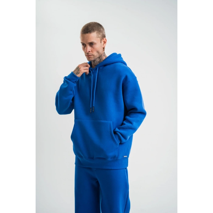 ERKEK 3 İplik Oversize Kapşonlu Basic SweatShirt Hoodie - Mavi