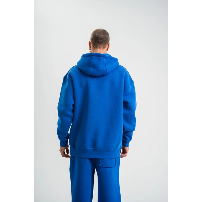 ERKEK 3 İplik Oversize Kapşonlu Basic SweatShirt Hoodie - Mavi