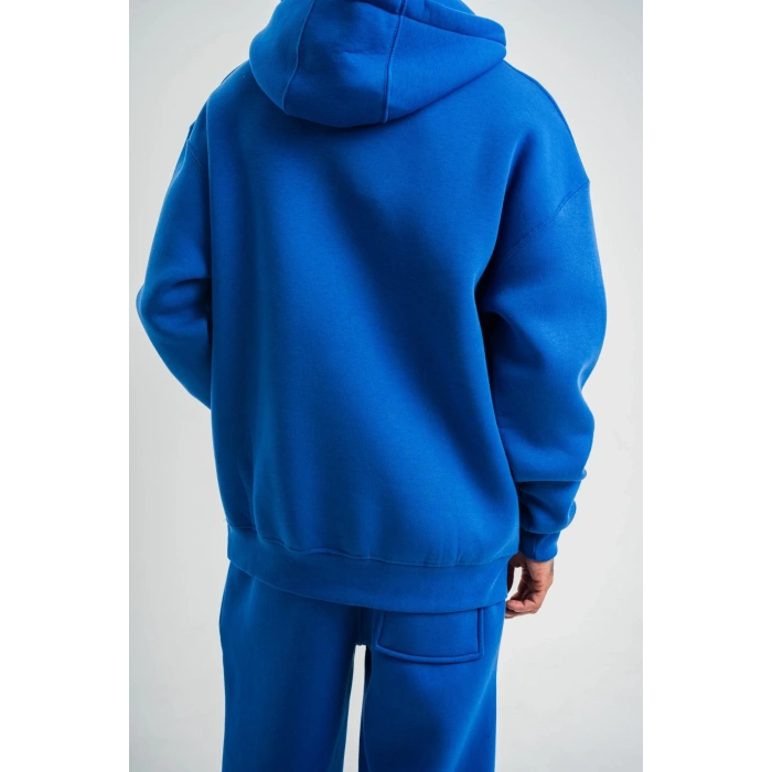 ERKEK 3 İplik Oversize Kapşonlu Basic SweatShirt Hoodie - Mavi
