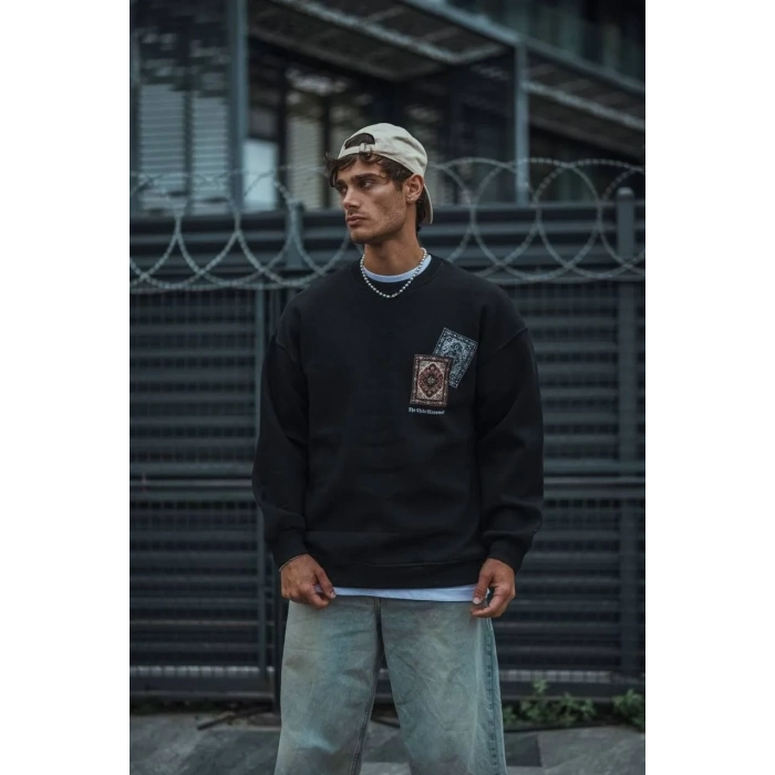 Erkek 3 iplik Pamuklu Bisiklet Yaka Baskılı SweatShirt - Siyah