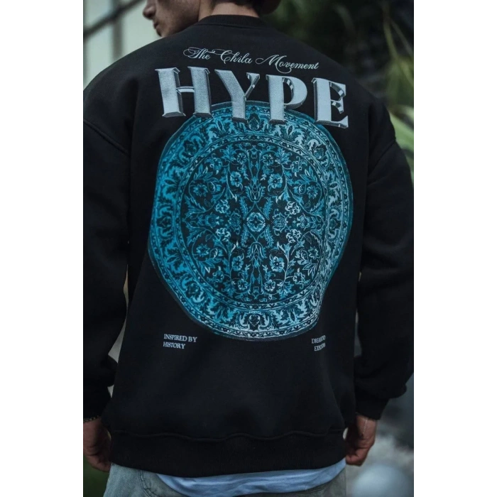 Erkek 3 İplik Pamuklu Bisiklet Yaka Baskılı SweatShirt - Siyah