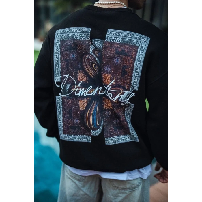 Erkek 3 iplik pamuklu Bisiklet Yaka Ön ve Arka Baskılı SweatShirt - Siyah
