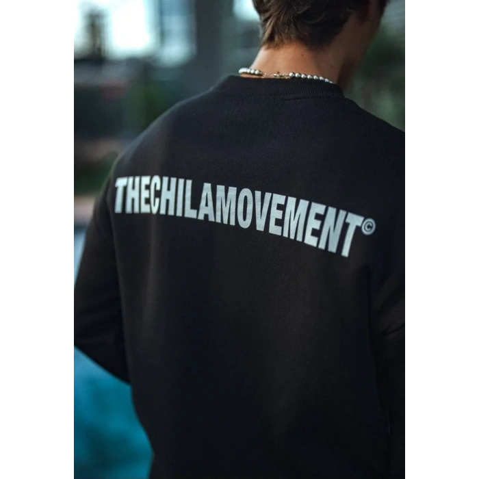 Erkek 3 iplik Pamuklu Bisiklet Yaka Oversize Baskılı SweatShirt - Siyah