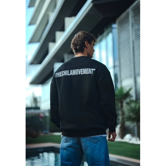 Erkek 3 iplik Pamuklu Bisiklet Yaka Oversize Baskılı SweatShirt - Siyah