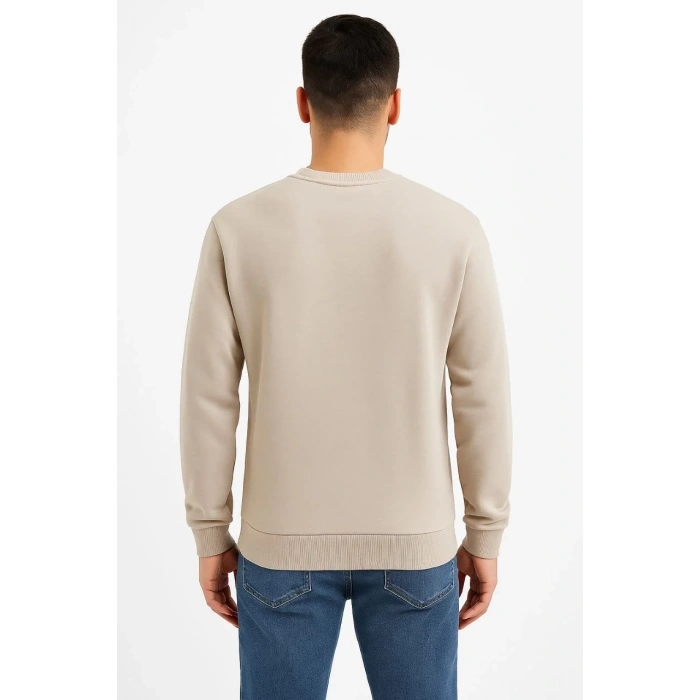 Erkek 3 İplik Pamuklu Düz Bisiklet Yaka SweatShirt - Bej