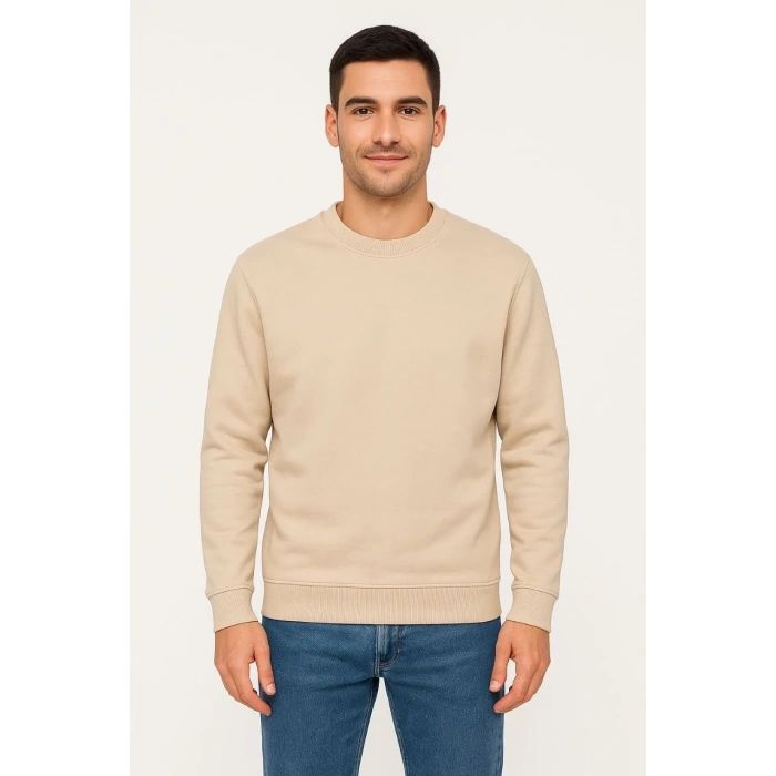 Erkek 3 İplik Pamuklu Düz Bisiklet Yaka SweatShirt - Bej