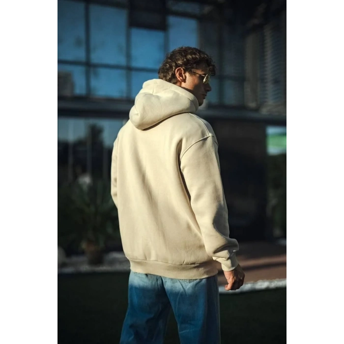 Erkek 3 İplik Pamuklu Kapüşonlu Basic SweatShirt Hoodie - Bej