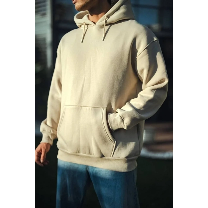 Erkek 3 İplik Pamuklu Kapüşonlu Basic SweatShirt Hoodie - Bej