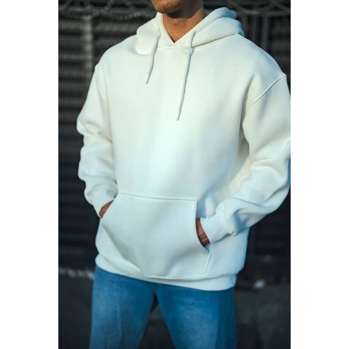Erkek 3 İplik Pamuklu Kapüşonlu Basic SweatShirt Hoodie - Beyaz