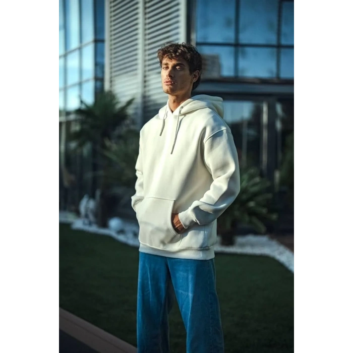 Erkek 3 İplik Pamuklu Kapüşonlu Basic SweatShirt Hoodie - Beyaz
