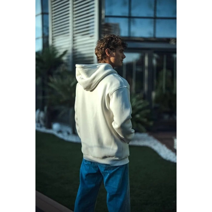 Erkek 3 İplik Pamuklu Kapüşonlu Basic SweatShirt Hoodie - Beyaz